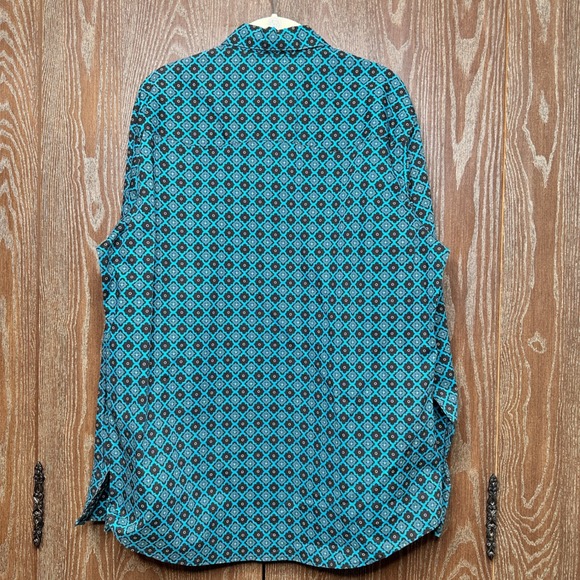 VTG 80s Wrangler Wrancher Western Cowboy Turquoise Pearl Snap Abstract Shirt Lg - Picture 2 of 8
